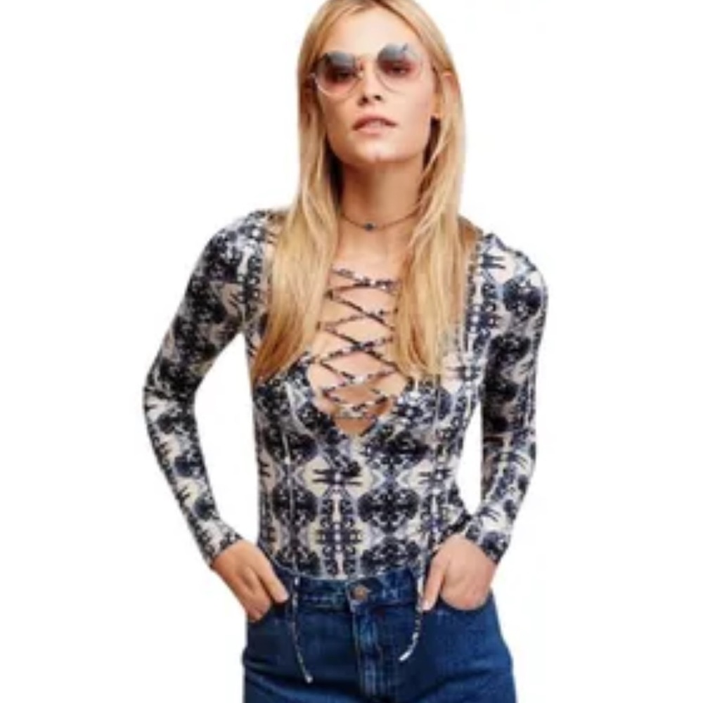 Free People Mai Tai Lace Up Long Sleeve Shirt Top Size Medium